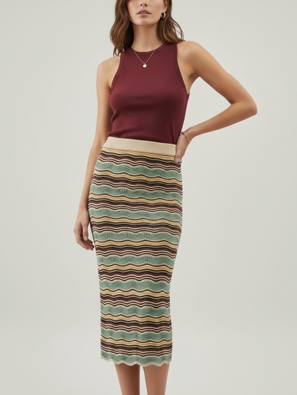 Roxy Sailing Flow Knitted Wave Stripe Midi Tube Skirt Size Small